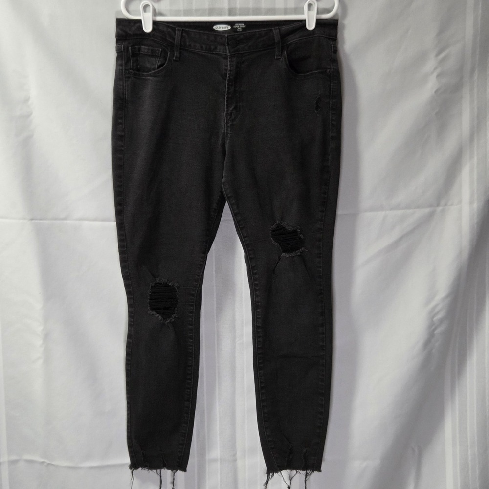 Old Navy Jeans Womens 14 Black Rockstar Super Skinny Distressed Raw Hem Ankle